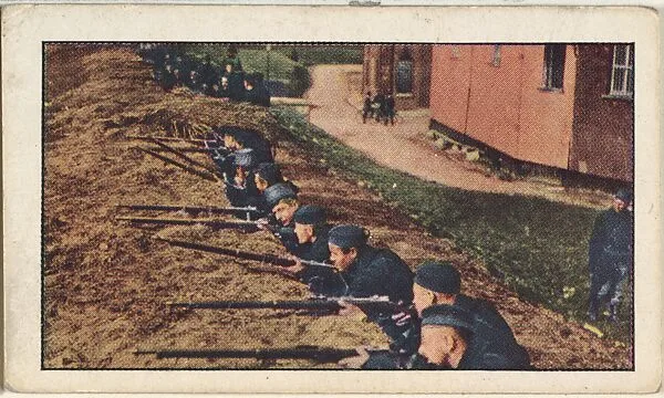 Card No. 132, Belgians at Alost Taking Offensive Against the Germans, from the World War I Scenes series (T121) issued by Sweet Caporal Cigarettes — American Tobacco Company|Underwood & Underwood