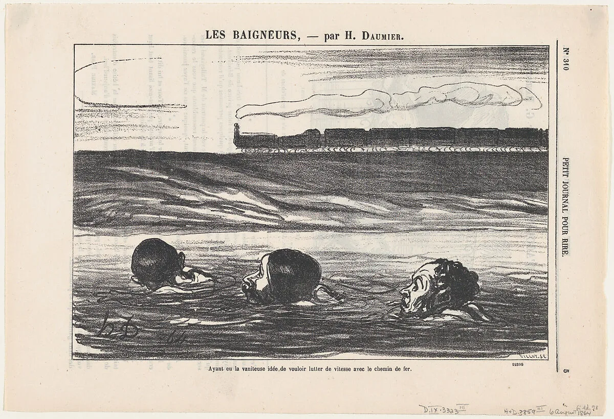 Having had the ambitious idea to outswim the train, from 'The bathers,' published in Le Petit Journal pour Rire, August 6, 1864 — Honoré Daumier