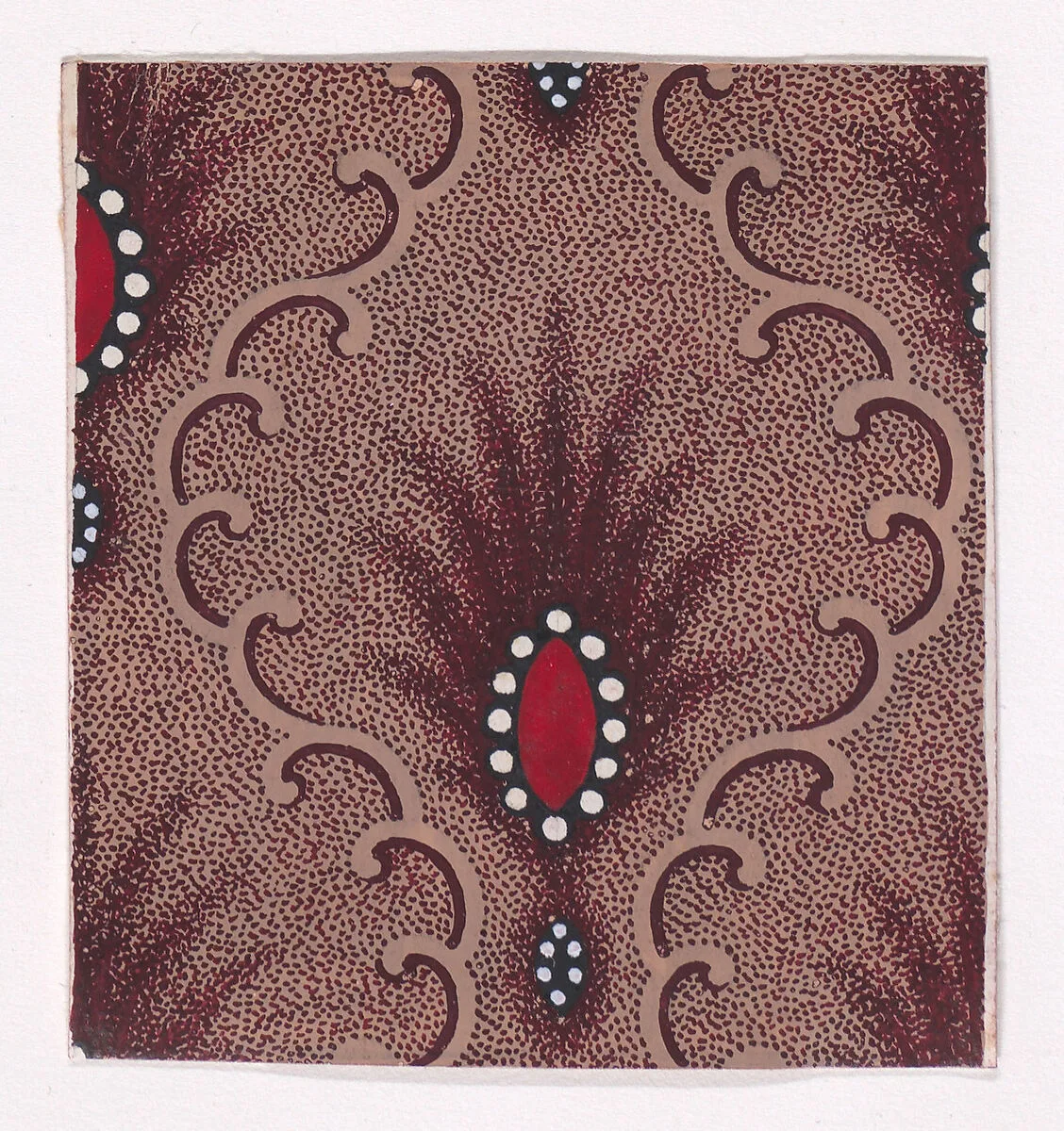 Textile Design with Alternating Rows of Palmettes Decorated with Lens Shapes Bordered with Pearls Separated By Undulating Vertical Scrolls of Ribbons — Anonymous, Alsatian, 19th century