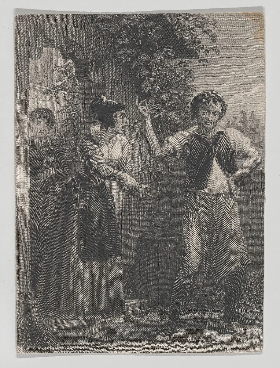 Hostess and Sly (Shakespeare, Taming of the Shrew, Induction, Scene 1) — Charles Heath, the elder|Henry Corbould|William Shakespeare