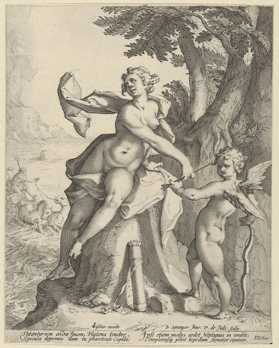 Venus Commanding Cupid to Shoot his Arrow at Pluto — Claes Jansz. Visscher|Pieter de Jode I|Bartholomeus Spranger