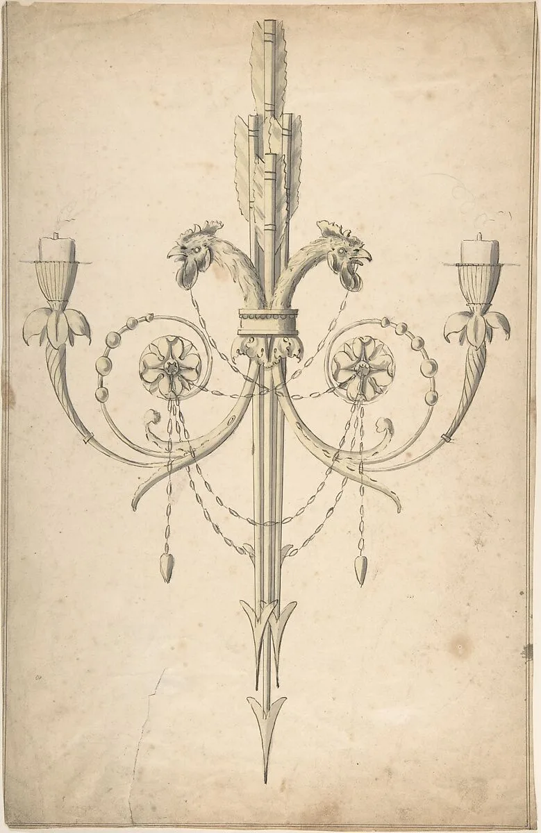 Design for a Girandole Composed of Three Clasping Arrows and Candle-branches Terminating in Cockerel Heads — Sir William Chambers