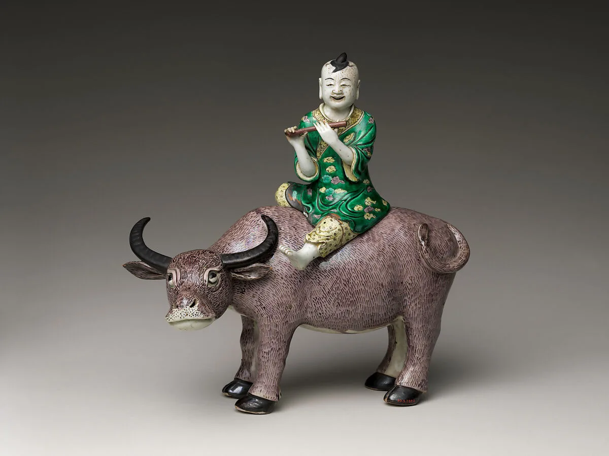 清康熙 素三彩瓷牧童乘牛|Herdboy Riding a Water Buffalo — Unknown