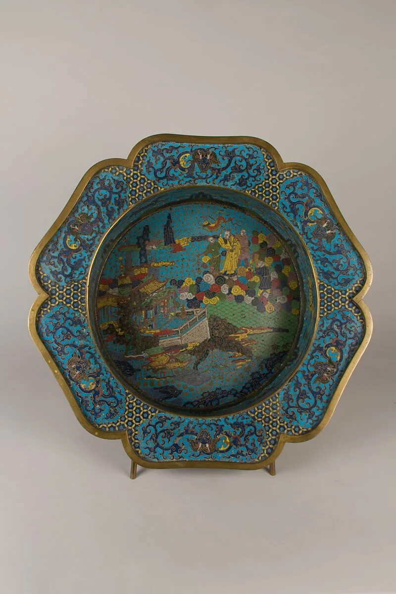 晚明清初 掐絲琺瑯海屋添籌圖盆|Basin with scene of Daoist immortals — Unknown