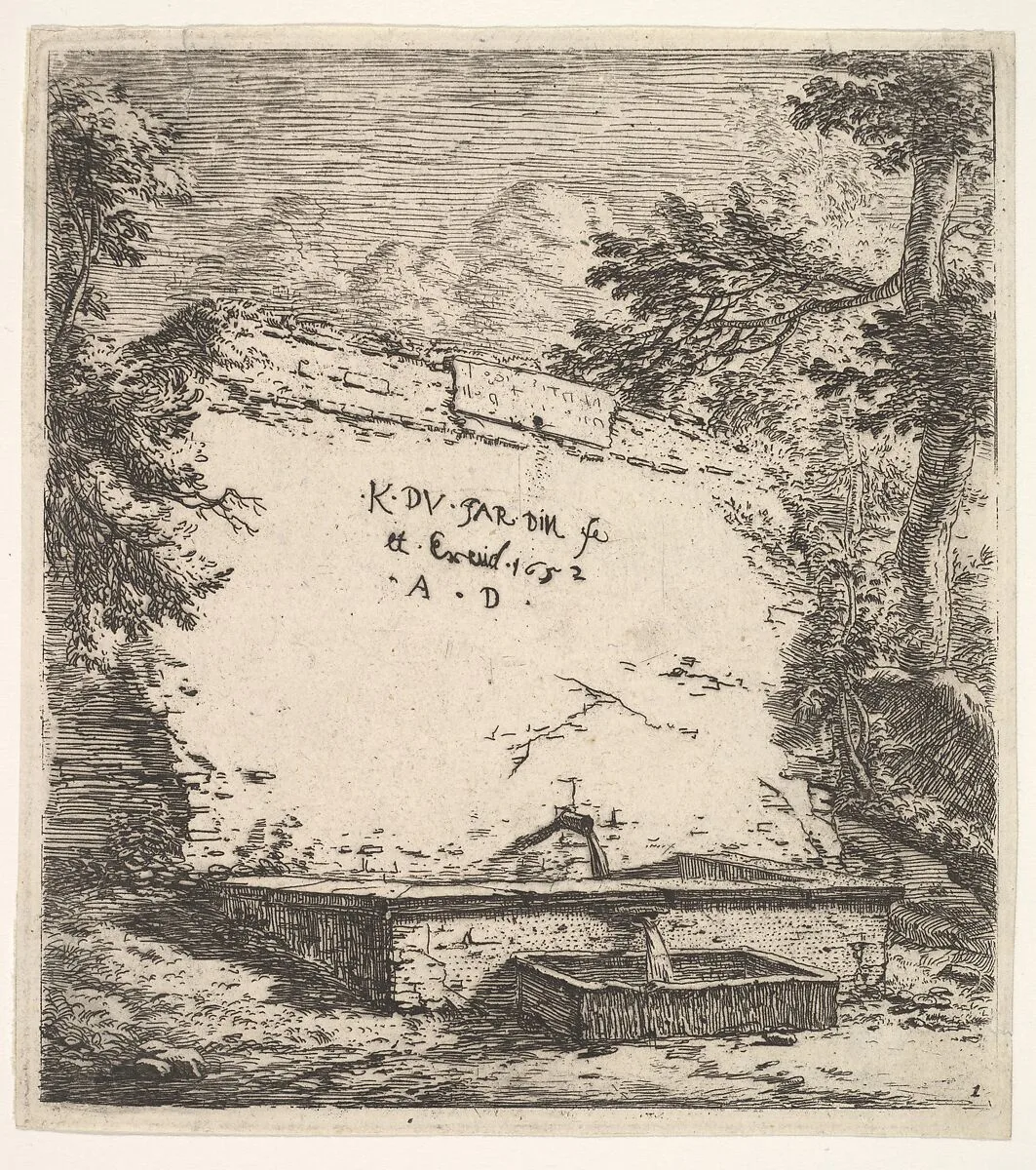 Frontispiece with stepped fountain; a stone wall with water spout pouring water into a rectilinear basin, from which a second spout pours water into a smaller rectilinear basin, flanked by tree branches — Karel Dujardin