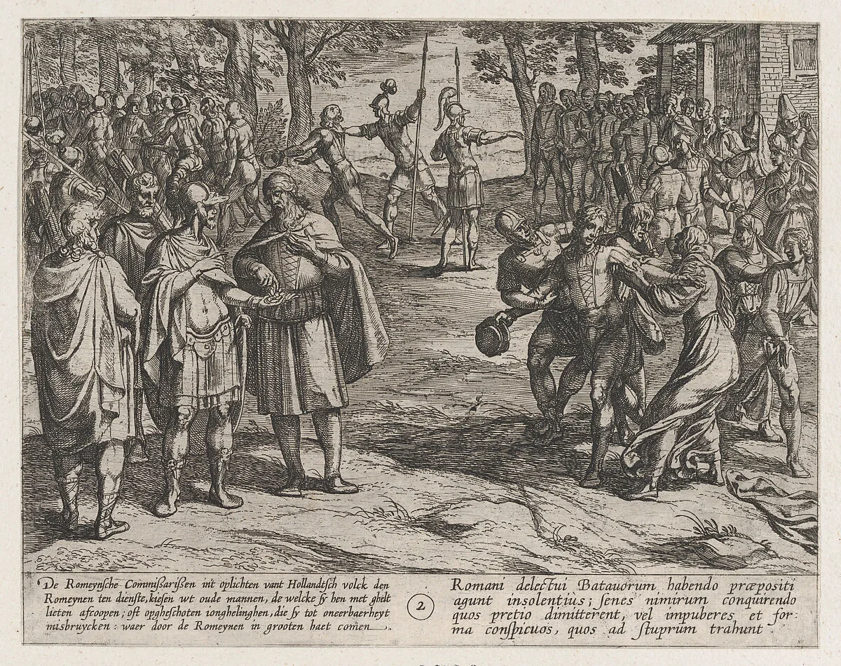 Plate 2: The Romans Taking Old Dutch Men as Hostages and Seducing Young Ones, from The War of the Romans Against the Batavians (Romanorvm et Batavorvm societas) — Antonio Tempesta|Otto van Veen