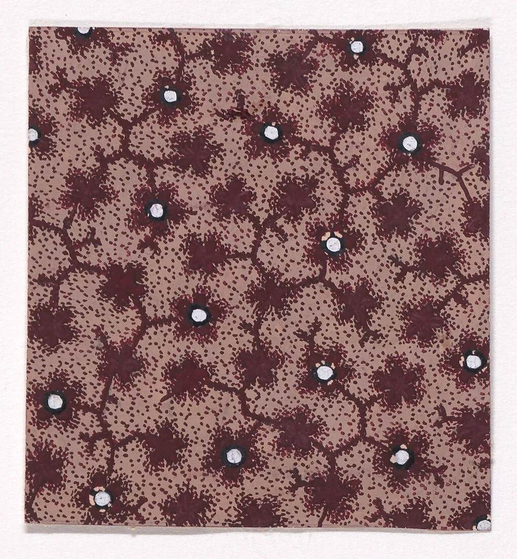 Textile Design with a Network of Branches with Stylized Leaves and Flowers and Pearls Over a Stippled Background — Anonymous, Alsatian, 19th century