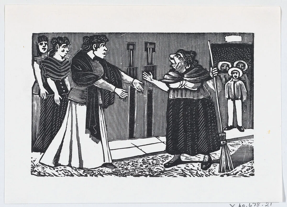 An old woman with a broom in her hand arguing with a younger woman from a broadside entitled 'El Pleito de Vecindad' — José Sanchez|José Guadalupe Posada
