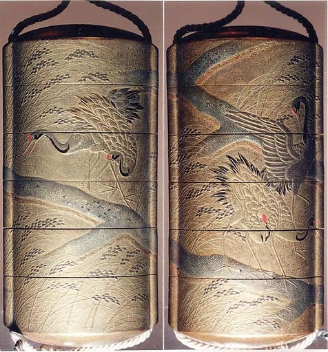 田園鶴蒔絵印籠|Inrō with Cranes in Rice Fields