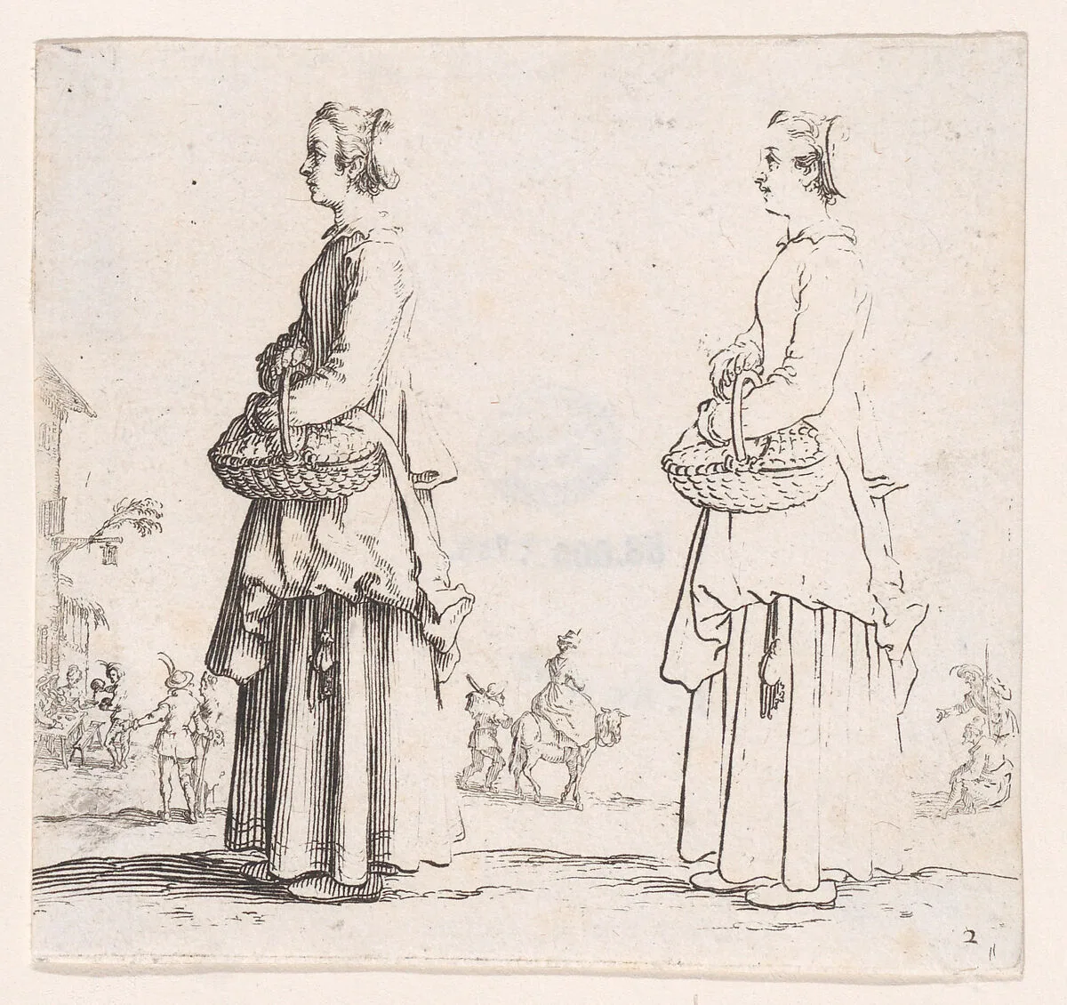 La Paysanne Tournée a Gauche, un Panier a son Bras (La Paysanne Turned to the Left, a Basket in her Arms), from Varie Figure (Various Figures), plate 2 — Jacques Callot