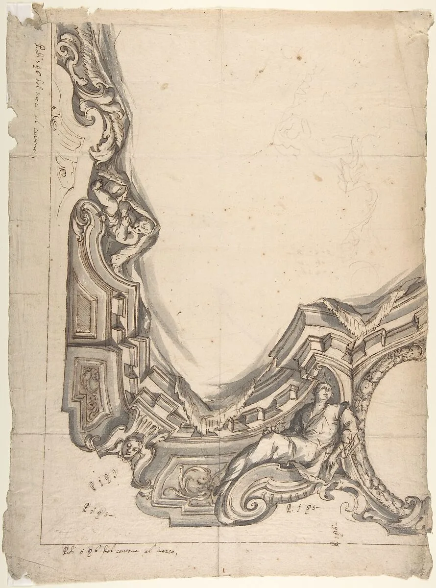 Design for a corner of a Painted Ceiling, Architectural "Cove" with a Seated Figure at the Bottom, and a Putto at the Side — Anonymous, Italian, Piedmontese, 18th century