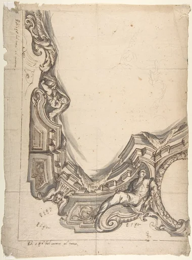 Design for a corner of a Painted Ceiling, Architectural "Cove" with a Seated Figure at the Bottom, and a Putto at the Side