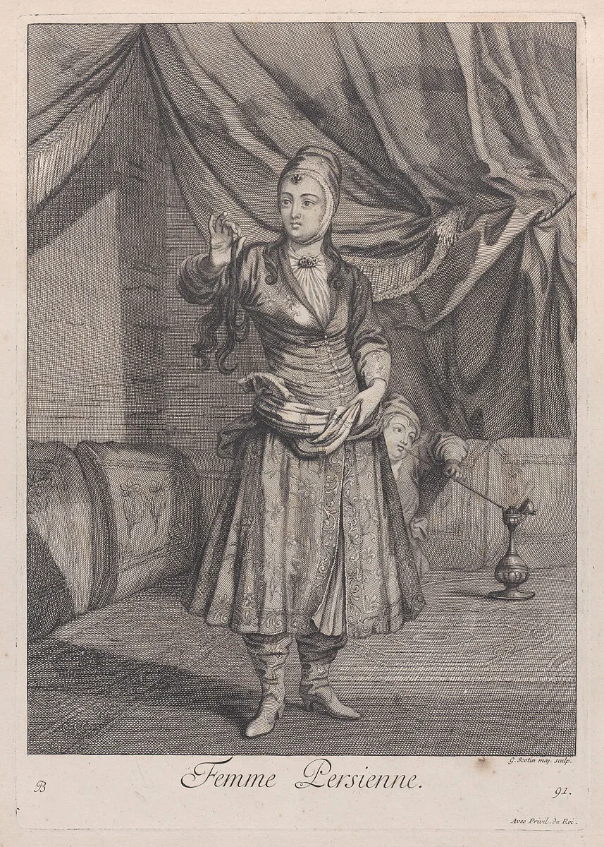 Femme Persienne, plate 91 from "Recueil de cent estampes représentent differentes nations du Levant" — Jacques le Hay|Jean Baptiste Vanmour|Gérard Jean Baptiste Scotin I