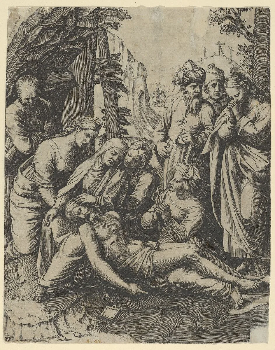 The lamentation of the dead Christ who is supported by the Virgin Mary and surrounded by other figures — Marcantonio Raimondi|Raphael (Raffaello Sanzio or Santi)