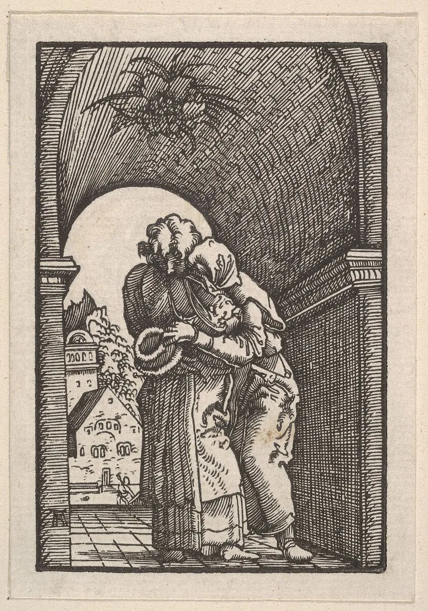 Meeting of Joachim and Anna at the Golden Gate, from The Fall and Salvation of Mankind Through the Life and Passion of Christ — Albrecht Altdorfer