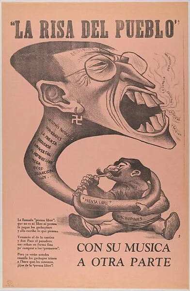 A poster showing a seated Mexican blowing a trumpet with a human head representing the falsity of the press (fake news) with the title 'The laughter of the public—away with your nonsense' — Taller de Gráfica Popular|José Chávez Morado
