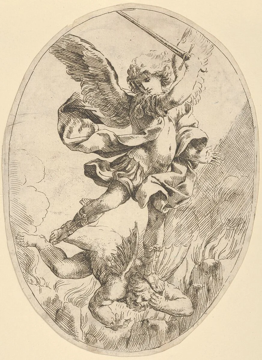 The winged archangel Saint Michael holding a sword and standing on the head of the devil, who descends into hell, an oval composition, after Reni — Anonymous, 17th century|Guido Reni
