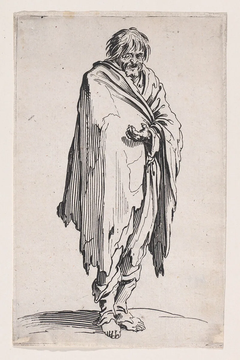 Le Mendiant a la Tête Découverte et aux Pieds Nuds (The Beggar with the Uncovered Head and Bare Feet), from Les Gueux suite appelée aussi Les Mendiants, Les Baroni, ou Les Barons (The Beggars, also called the Barons) — Jacques Callot