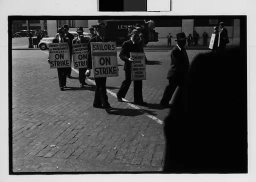 [Five 35mm Film Frames: Picket Lines, South Street, New York City]