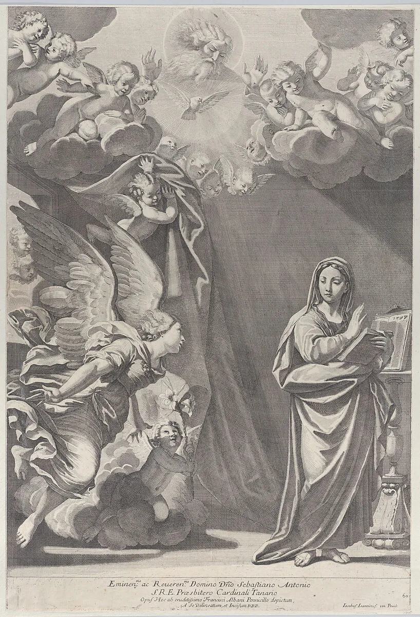The Annunciation, with Gabriel and other angels at left and God the Father above — Francesco Albani|Giacomo-Maria Giovannini