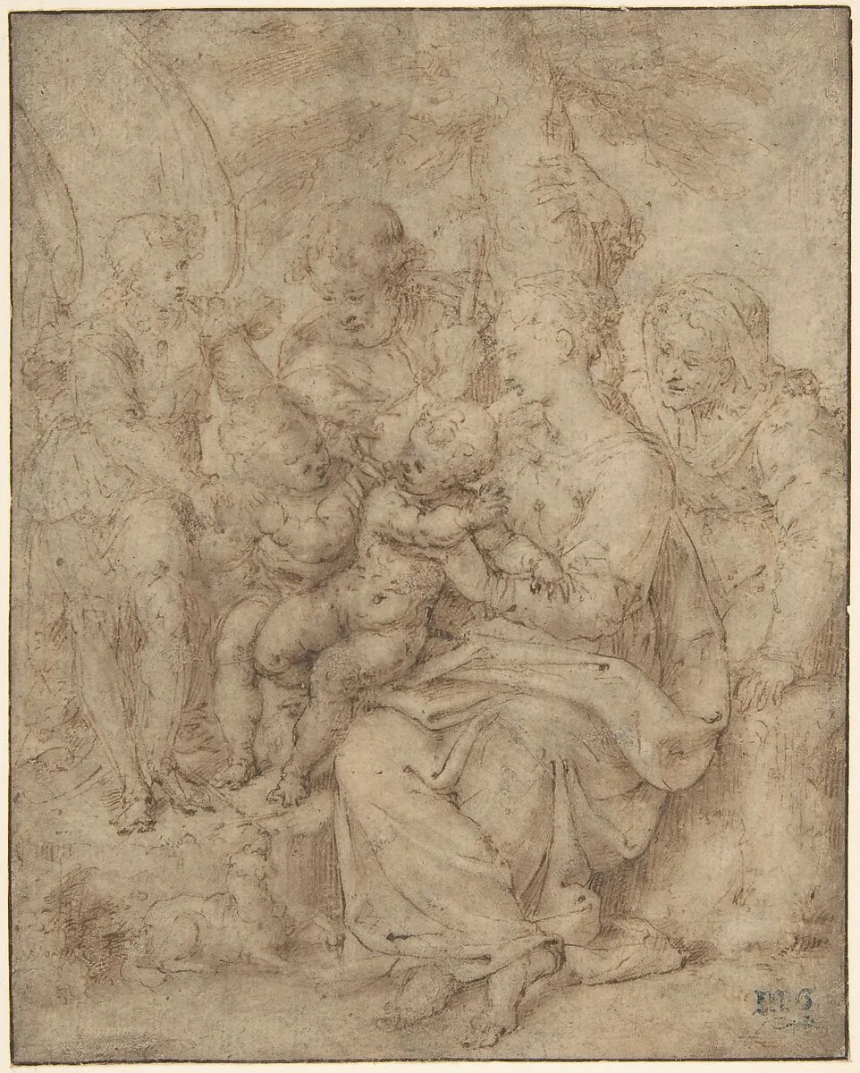 The Holy Family with the Infant Baptist, Saint Elizabeth, and an Attendant Angel — Aurelio Luini