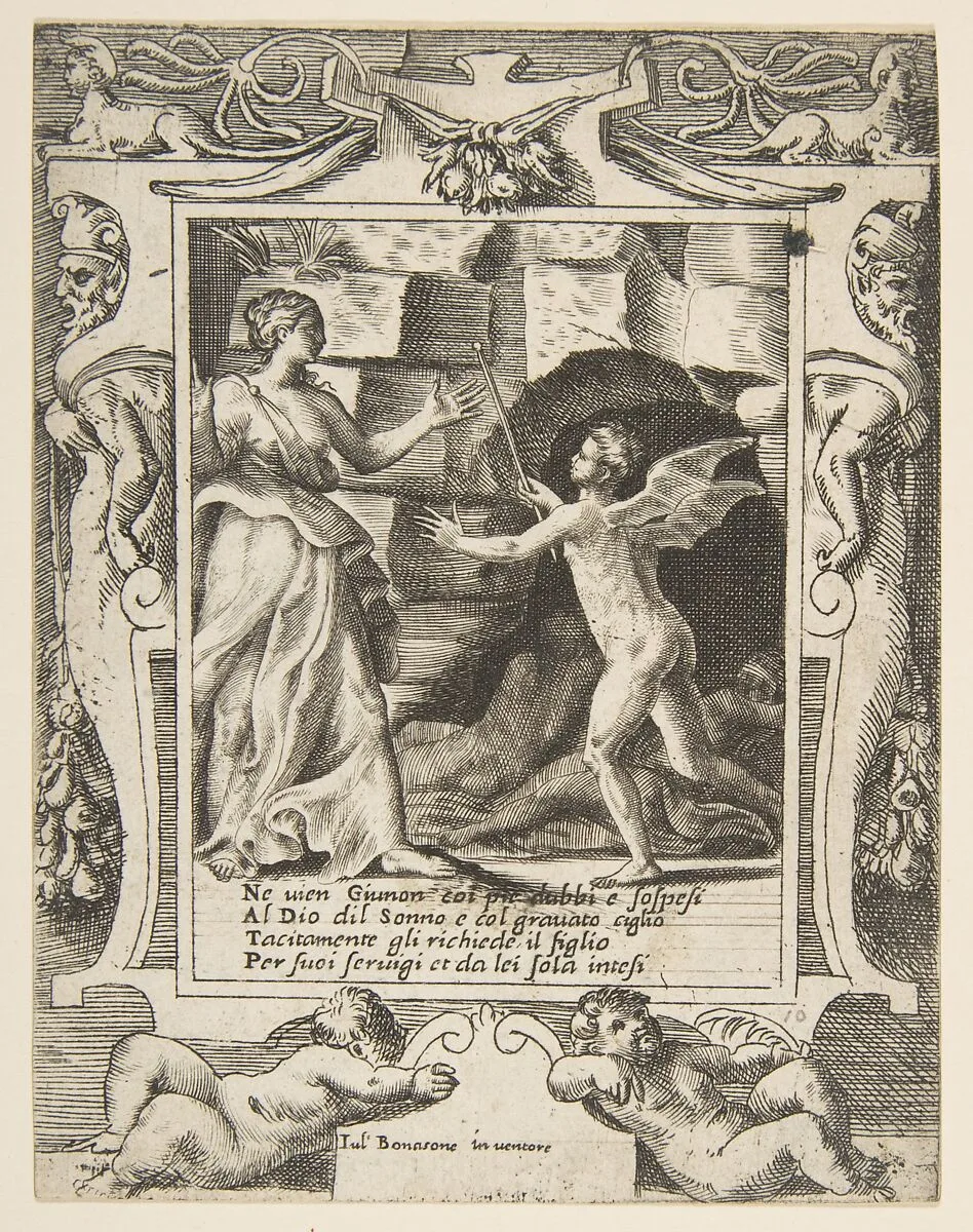 Juno summoning sleep to descend upon Jupiter, set within an elaborate frame, from "Loves, Rages and Jealousies of Juno" — Giulio Bonasone