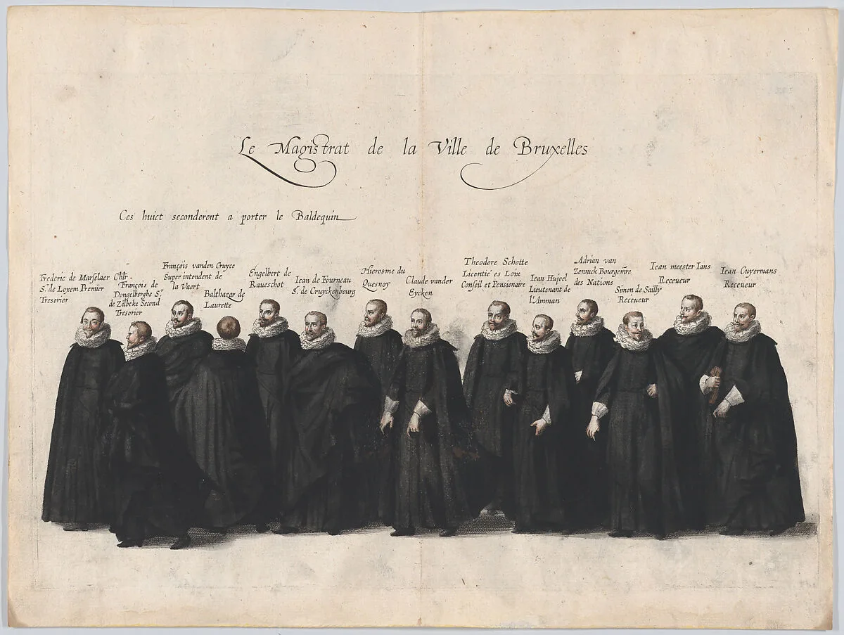 Plate 63: The magistrates of the city of Brussels marching in the funeral procession of Archduke Albert of Austria; from 'Pompa Funebris ... Alberti Pii' — Cornelis Galle I|Jacques Francquart