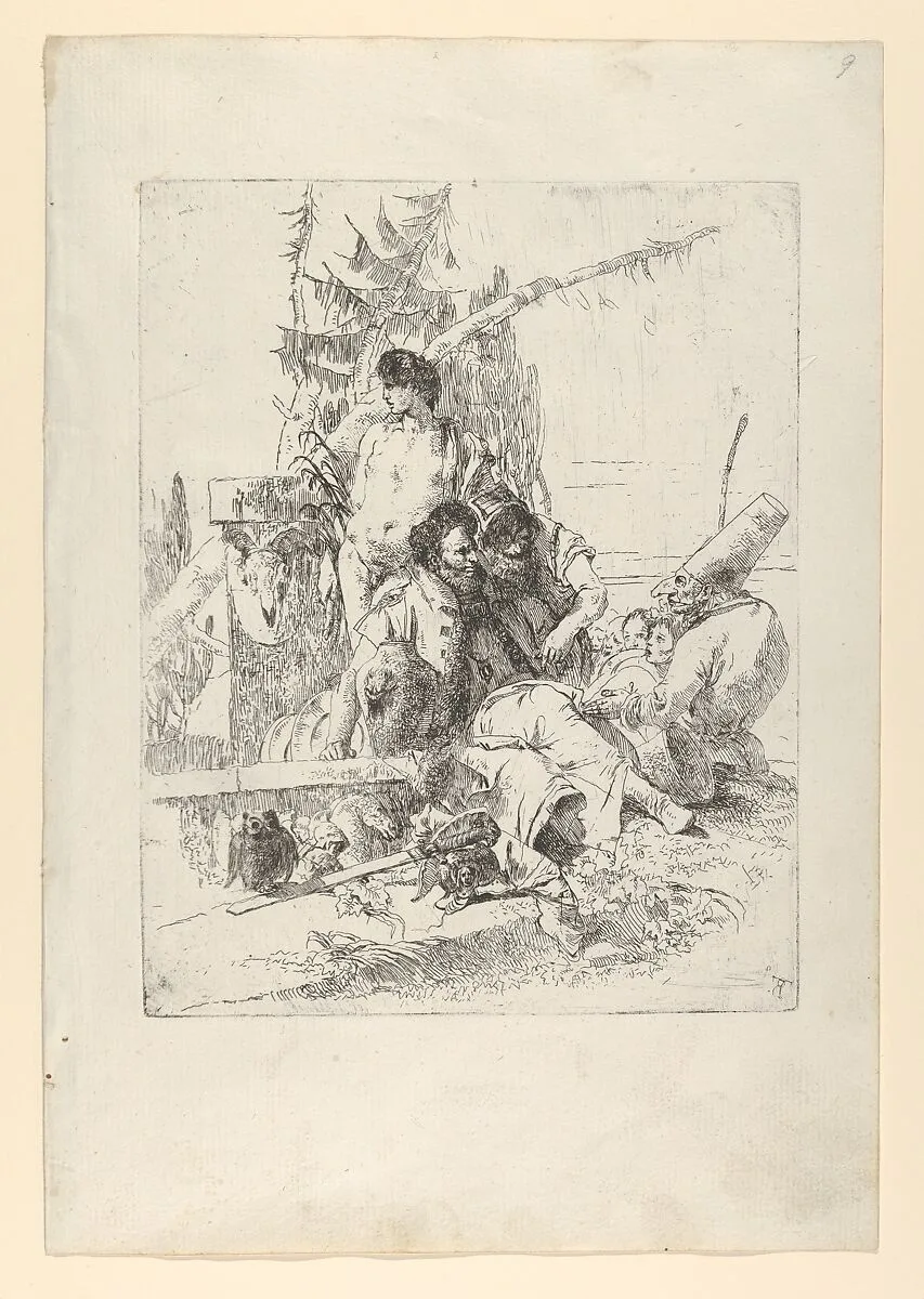 Two Figures Attentive to Punchinello, with Others, from the Scherzi — Giovanni Battista Tiepolo