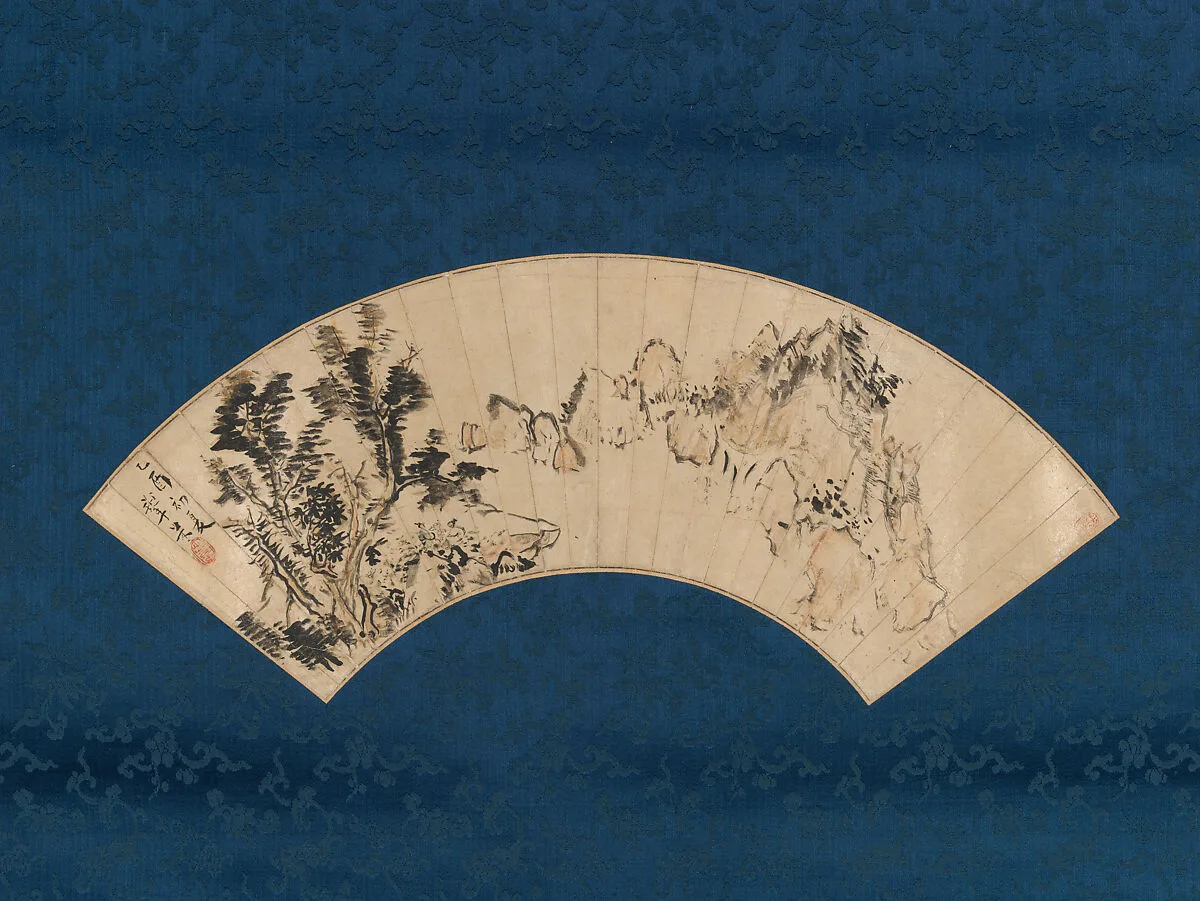 青木木米筆 山中喫茶図扇面|Preparing Tea by a Mountain Gorge — Aoki Mokubei