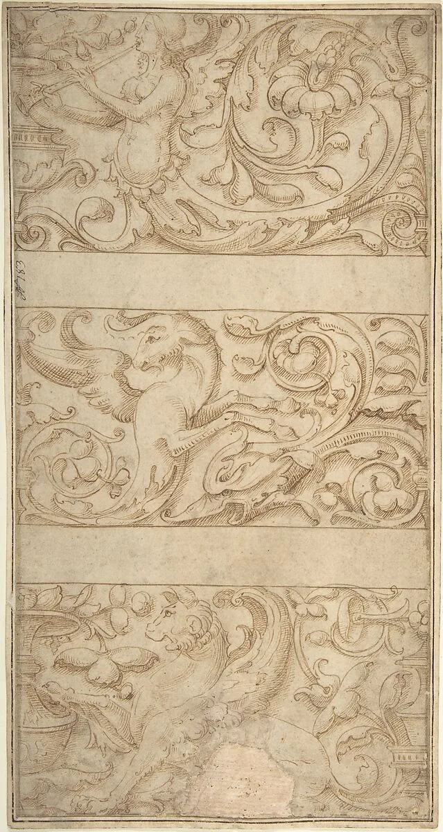Antique-Style Ornament Frieze Design: Rinceaux with Grotesque Figures and Animals — Anonymous, Italian, 16th century