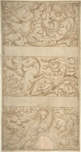 Antique-Style Ornament Frieze Design: Rinceaux with Grotesque Figures and Animals