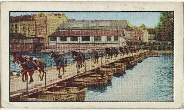 Card No. 57, French Pursue Germans Over Pontoon Bridge Constructed by Former, from the World War I Scenes series (T121) issued by Sweet Caporal Cigarettes — Underwood & Underwood|American Tobacco Company