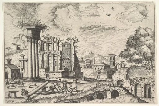 View of the Roman Forum, looking toward the Palatine Hill, from the series 'The Small book of Roman ruins and buildings' (Operum antiquorum romanorum)