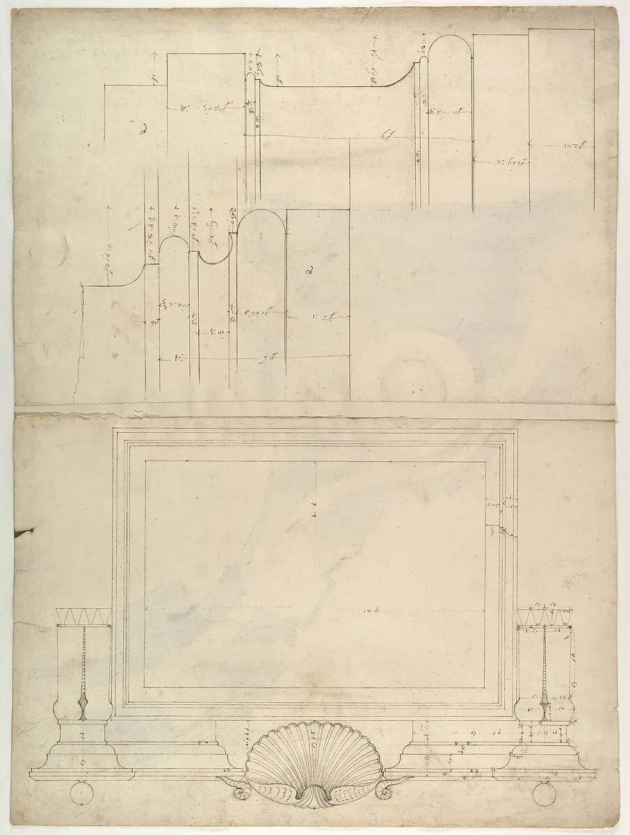 St. Peter's, attic, window, elevation (recto) St. Peter's, apse, plan; window, cornice, elevation profile; arch frame, elevation profile (verso) — Anonymous, French, 16th century