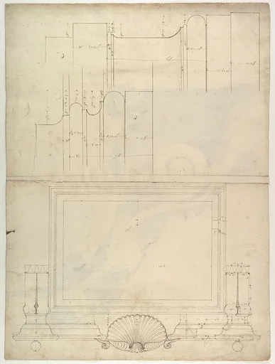 St. Peter's, attic, window, elevation (recto) St. Peter's, apse, plan; window, cornice, elevation profile; arch frame, elevation profile (verso)
