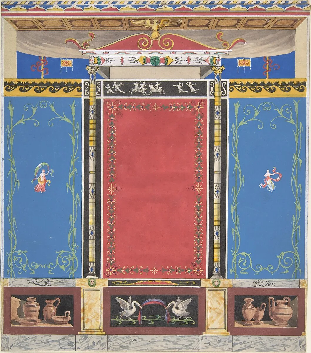Painted Wall Decor Featuring Thin Column with a Pair of Swans and Trompe L'Oeil Vases at Base — Jules-Edmond-Charles Lachaise|Eugène-Pierre Gourdet