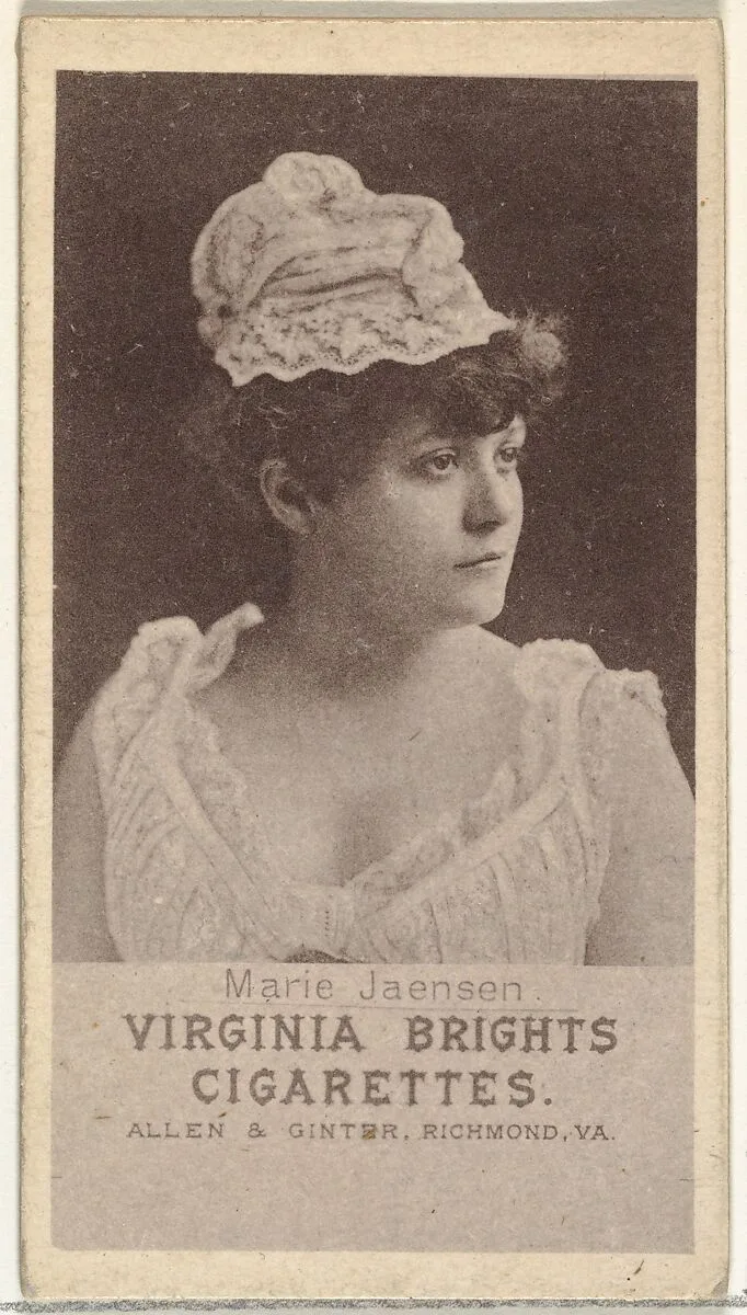 Marie Jaensen, from the Actresses series (N67) promoting Virginia Brights Cigarettes for Allen & Ginter brand tobacco products — Allen & Ginter