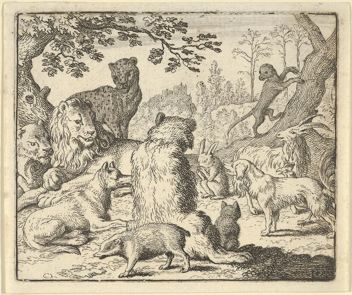The Lion Orders All the Animals to Follow Him to Renard's Burrow from Hendrick van Alcmar's Renard The Fox — Allart van Everdingen
