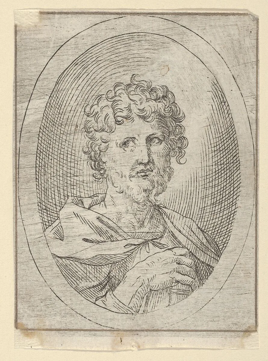 An apostle holding a closed book and looking to the left, in an oval frame, from Christ, the Virgin, and Thirteen Apostles — Guido Reni|Anonymous, 17th century