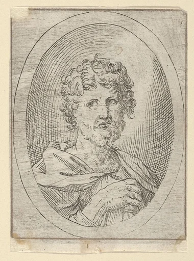 An apostle holding a closed book and looking to the left, in an oval frame, from Christ, the Virgin, and Thirteen Apostles