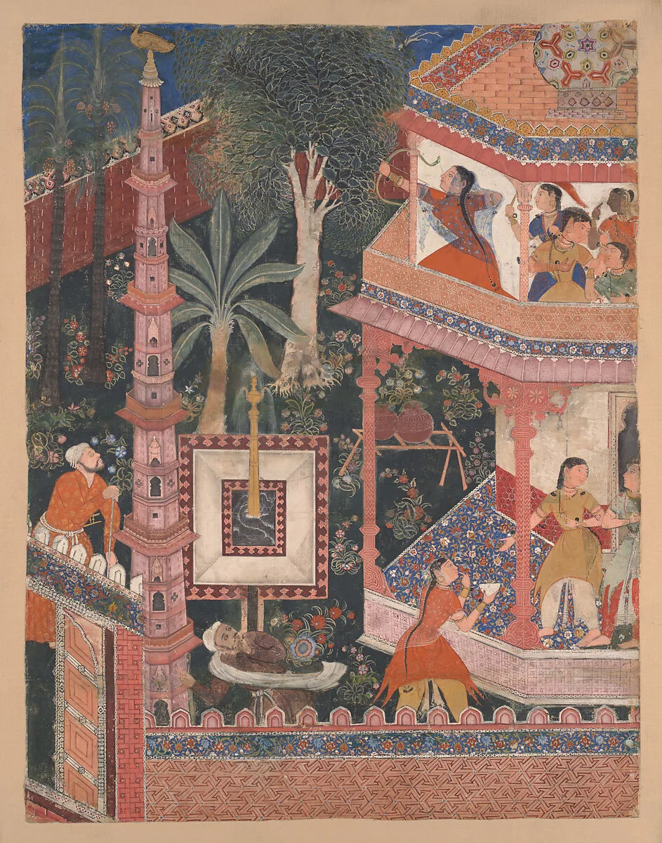 "Mihrdukht Aims her Arrow at the Ring," Folio from the Hamzanama (The Adventures of Hamza) — Basawan