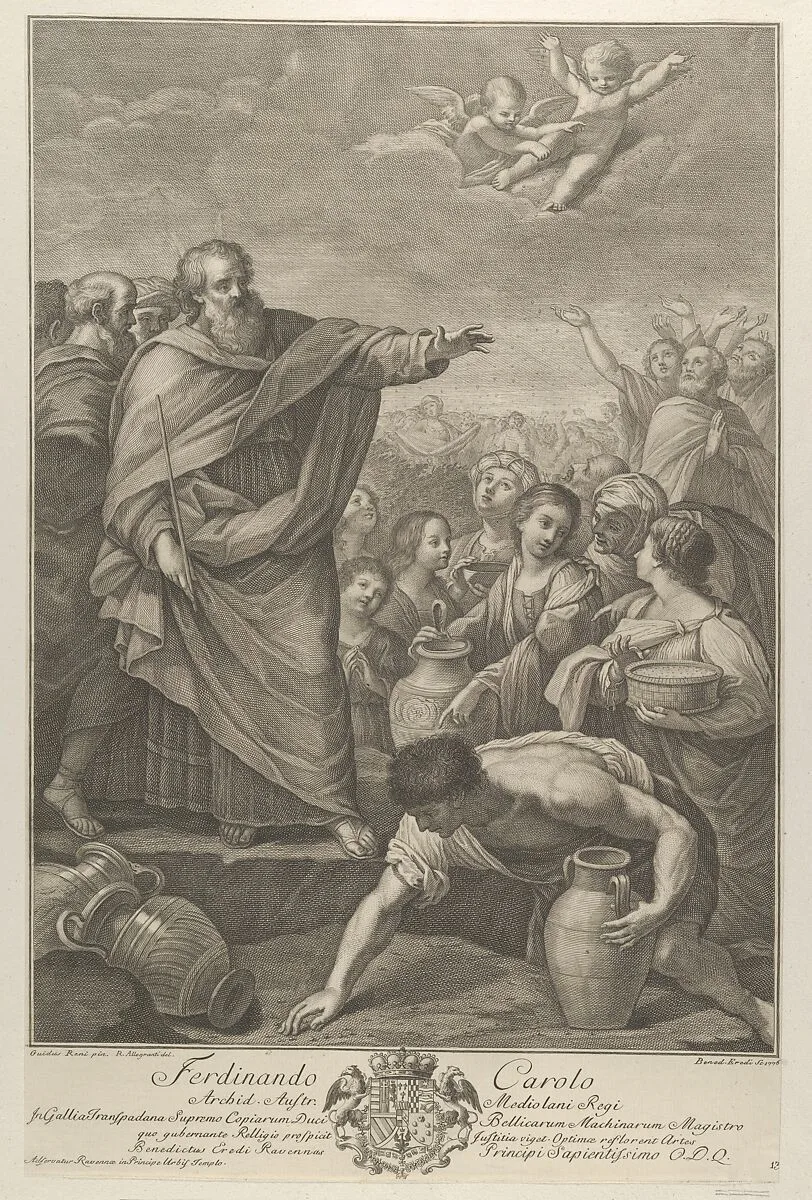 Moses at left with the Israelites who gather manna as it falls from the sky, two angels above, after Reni — Guido Reni|Ranieri Allegranti|Benedetto Eredi