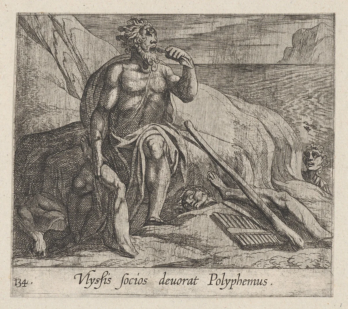 Plate 143: Polyphemus Eating Ulysses' Men, as Achaemides Watches (Ulyssis socios deuorat Polyphemus), from Ovid's 'Metamorphoses' — Antonio Tempesta