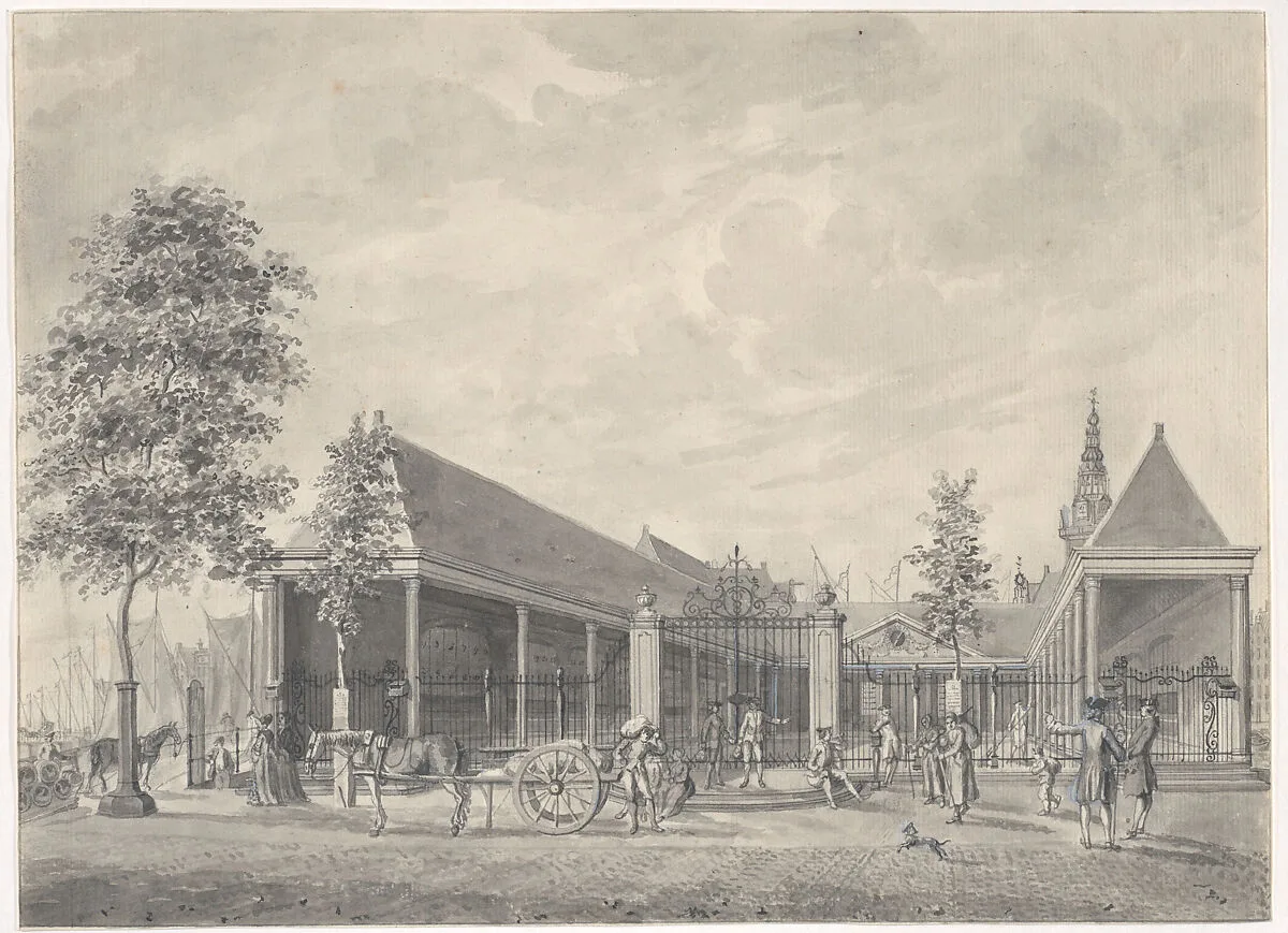 A View of the Nieuwe Korenbeurs on the Damrak, Amsterdam, the Tower of the Oude Kerk Beyond — Hermanus Petrus Schouten