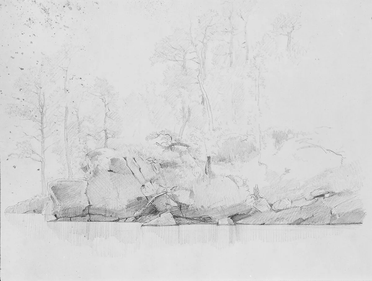 Study of Rocks and Trees by a Lake — Albert Bierstadt