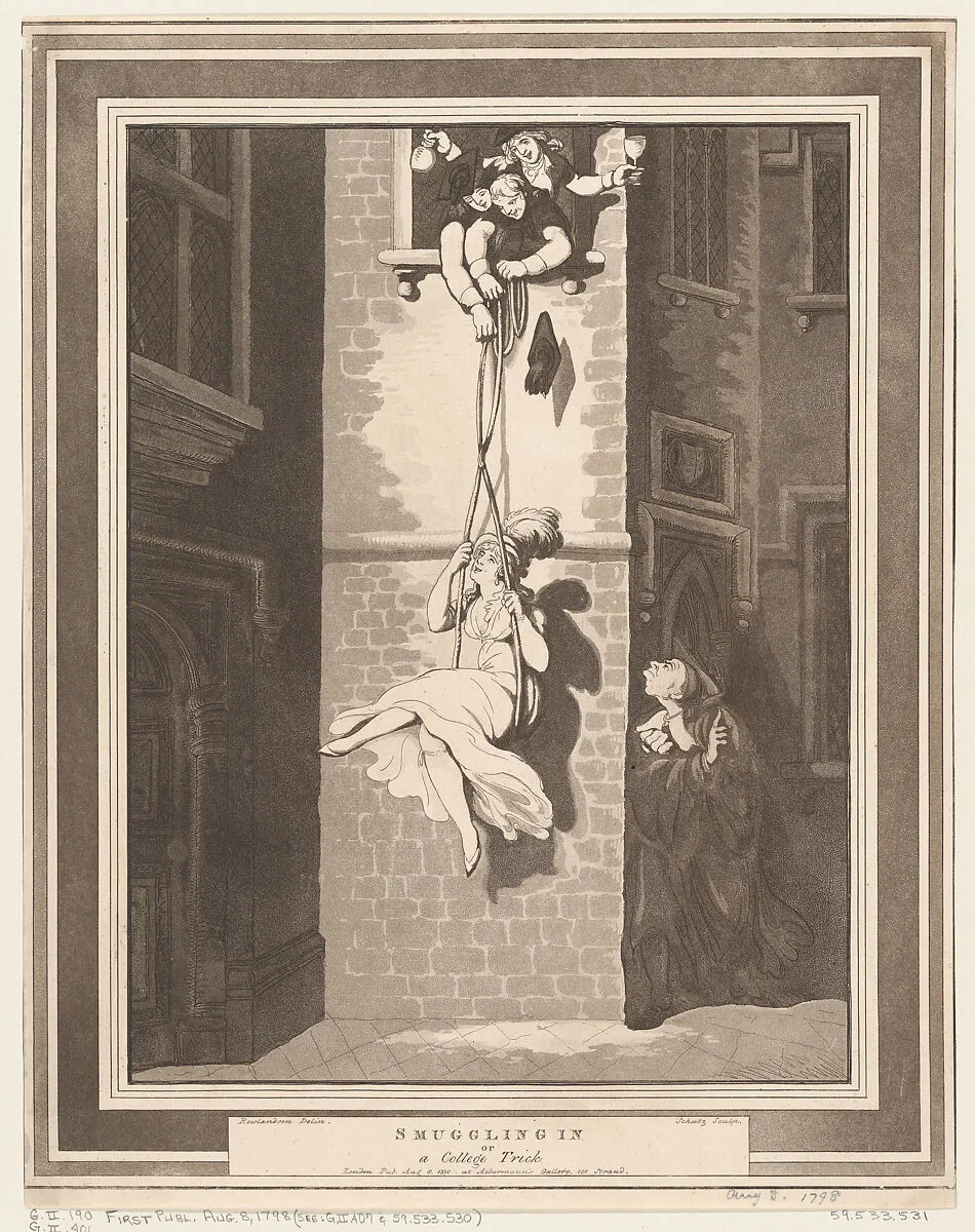 Smuggling In, or A College Trick — Heinrich Joseph Schütz|Thomas Rowlandson|Rudolph Ackermann, London