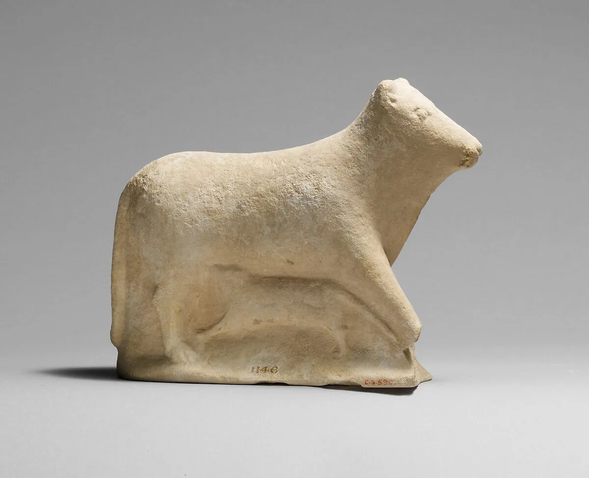 Limestone votive statuette of a cow and calf — Unknown