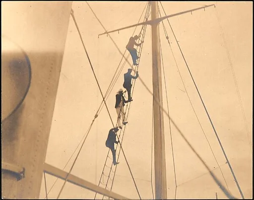 [South Seas: Four Men Climbing Cressida Mast]