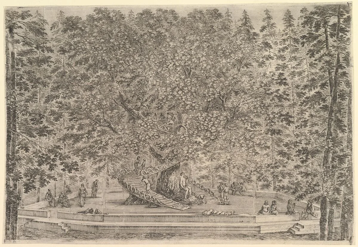 A large inhabited tree in center with ramps leading around the trunk, below a stone parapet on which people are resting or sitting, tall trees surrounding, from 'Views of the villa at Pratolino' (Vues de la villa de Pratolino) — Stefano della Bella