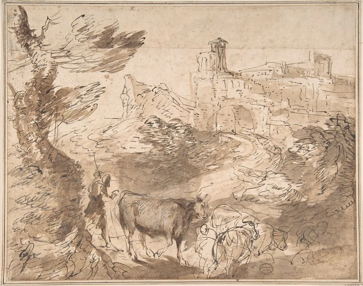 Landscape with Herdsman — Anonymous, Italian, Roman-Bolognese, 17th century